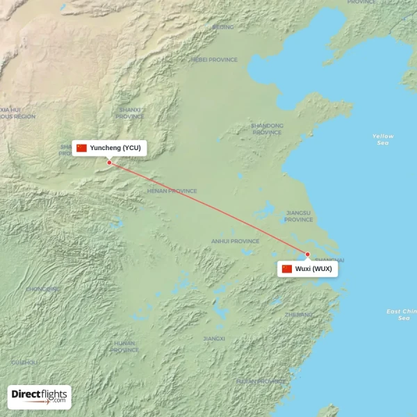 Wuxi - Yuncheng direct flight map