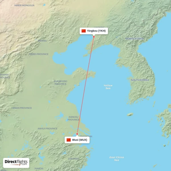 Wuxi - Yingkou direct flight map