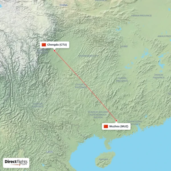 Wuzhou - Chengdu direct flight map