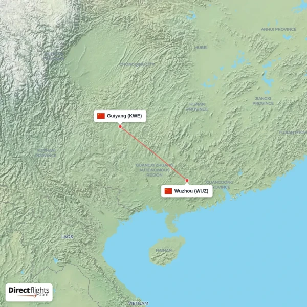 Wuzhou - Guiyang direct flight map