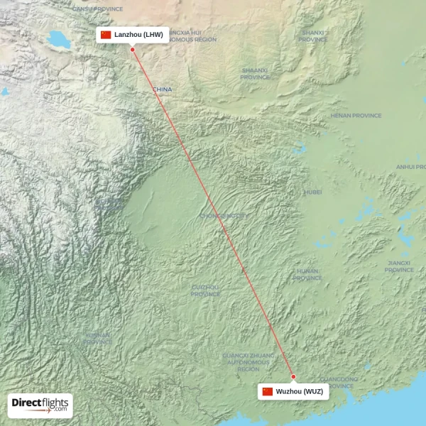 Wuzhou - Lanzhou direct flight map