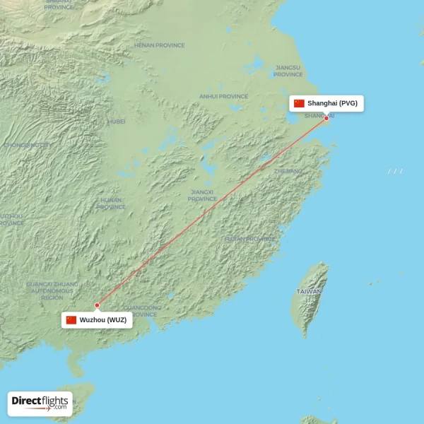 Wuzhou - Shanghai direct flight map
