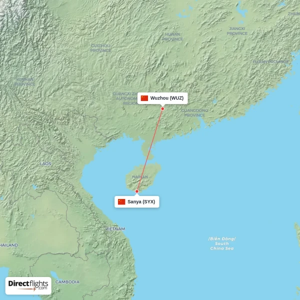 Wuzhou - Sanya direct flight map