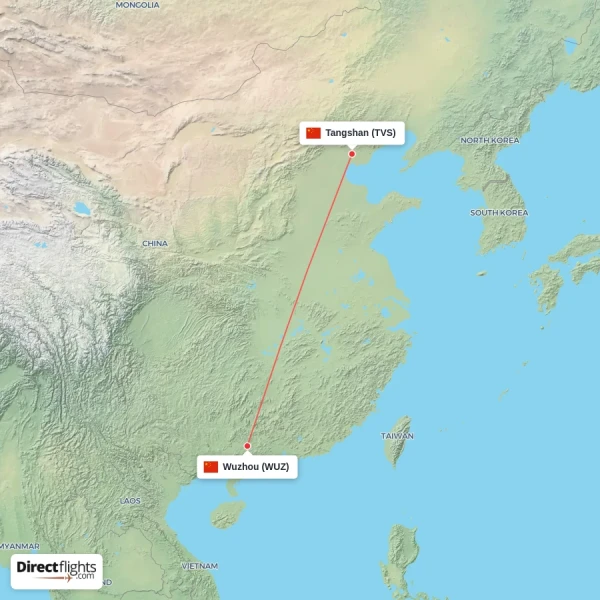 Wuzhou - Tangshan direct flight map
