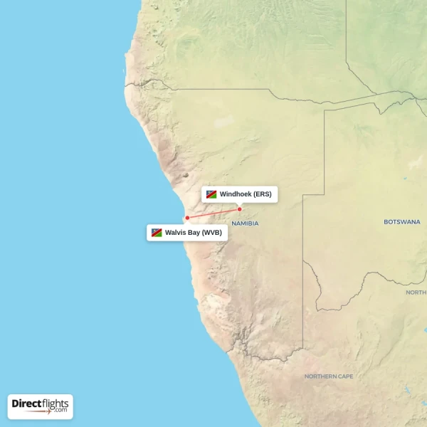 Walvis Bay - Windhoek direct flight map