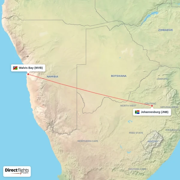 Walvis Bay - Johannesburg direct flight map