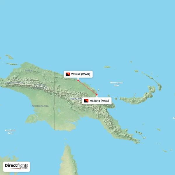 Wewak - Madang direct flight map