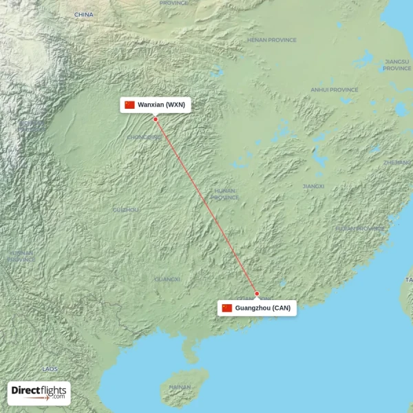Wanxian - Guangzhou direct flight map