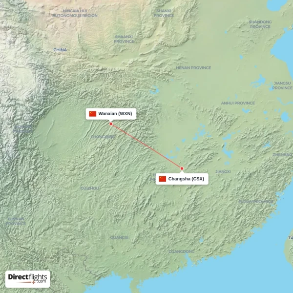 Wanxian - Changsha direct flight map