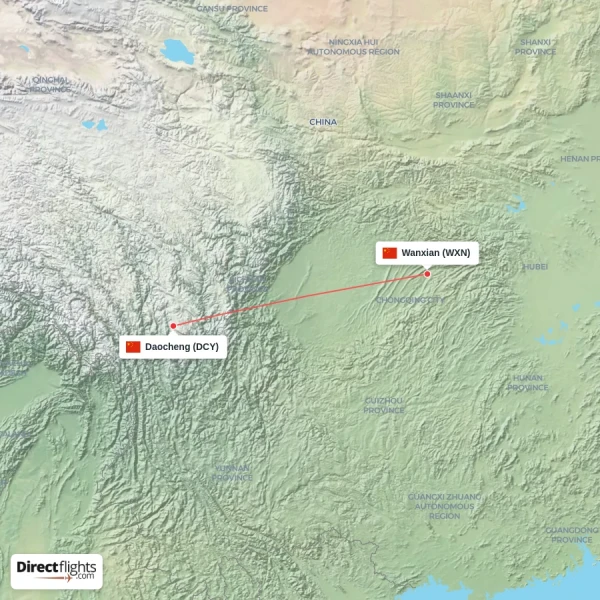 Wanxian - Daocheng direct flight map