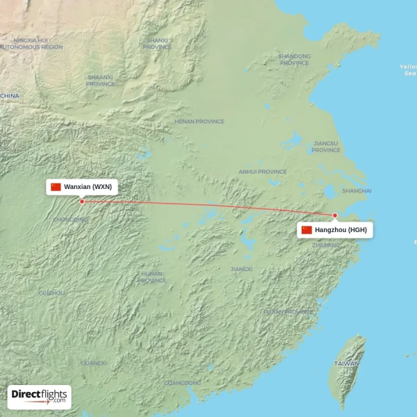 Wanxian - Hangzhou direct flight map