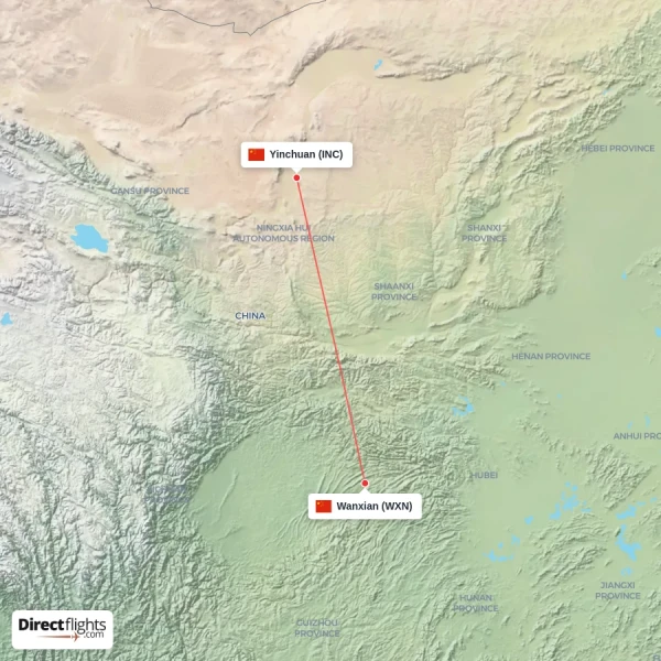 Wanxian - Yinchuan direct flight map