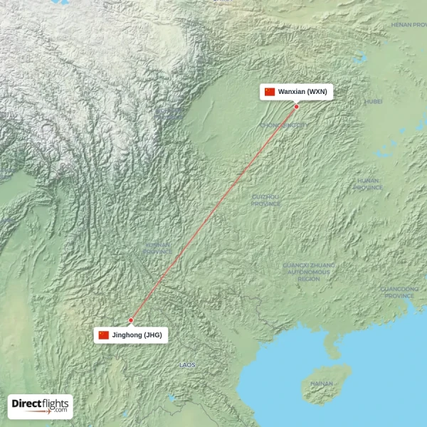 Wanxian - Jinghong direct flight map