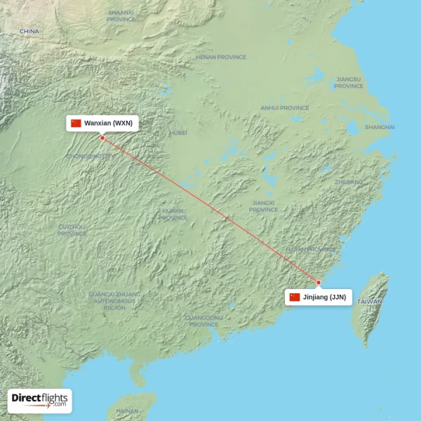 Wanxian - Jinjiang direct flight map