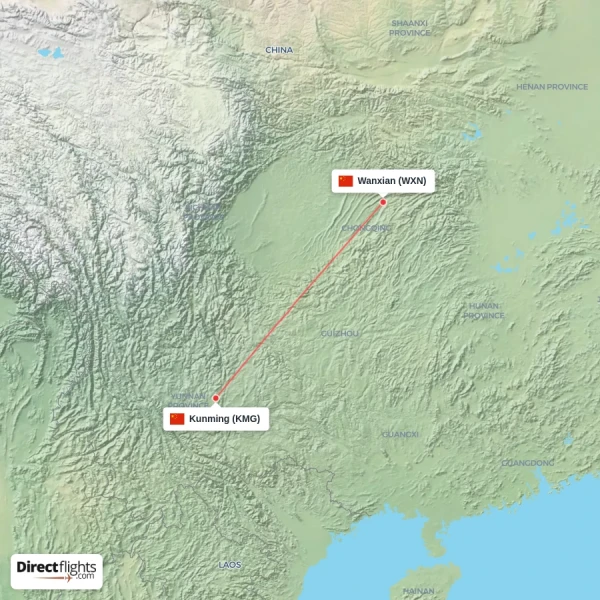 Wanxian - Kunming direct flight map