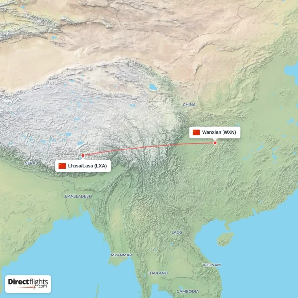 Wanxian - Lhasa/Lasa direct flight map