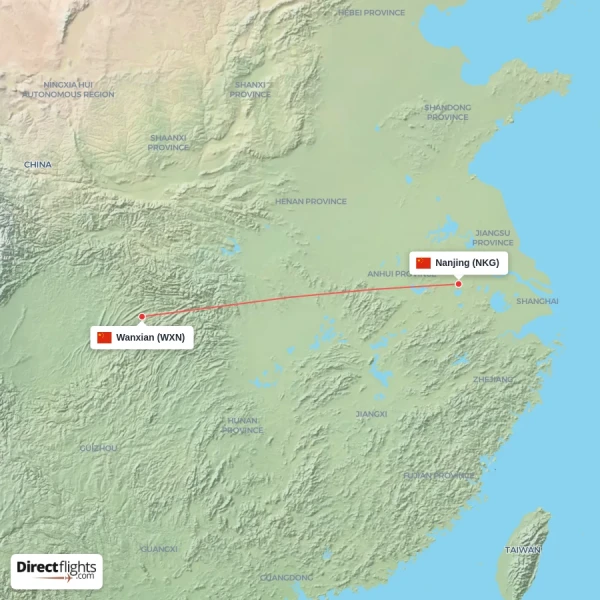 Wanxian - Nanjing direct flight map