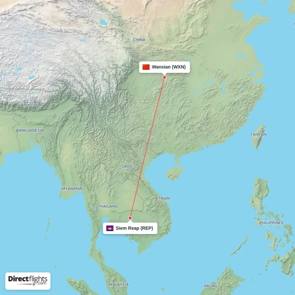 Wanxian - Siem Reap direct flight map
