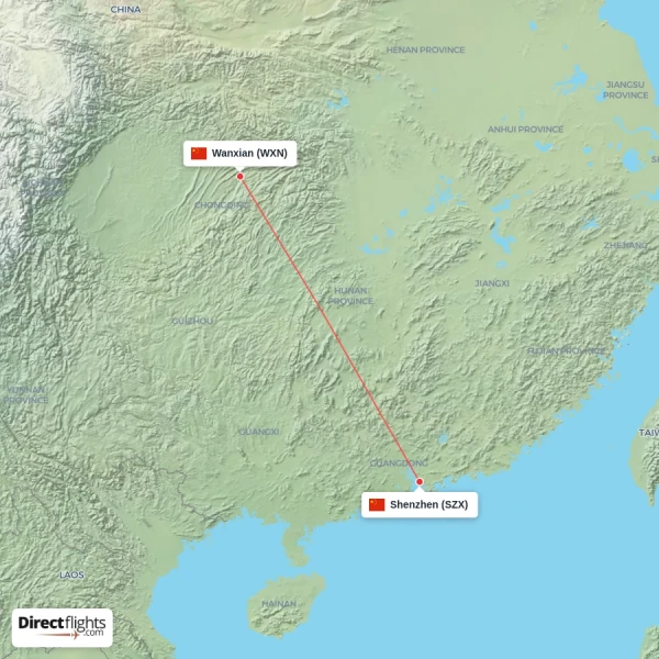 Wanxian - Shenzhen direct flight map