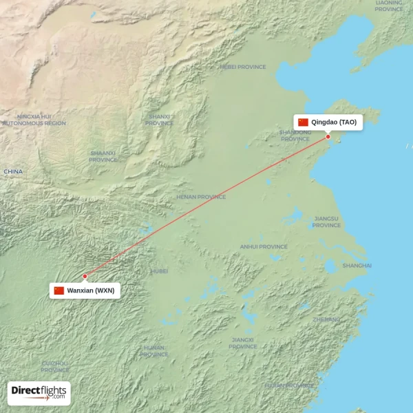 Wanxian - Qingdao direct flight map