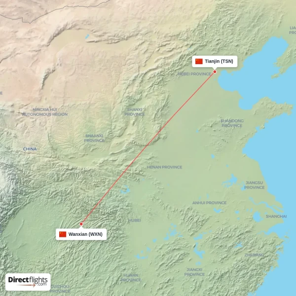 Wanxian - Tianjin direct flight map