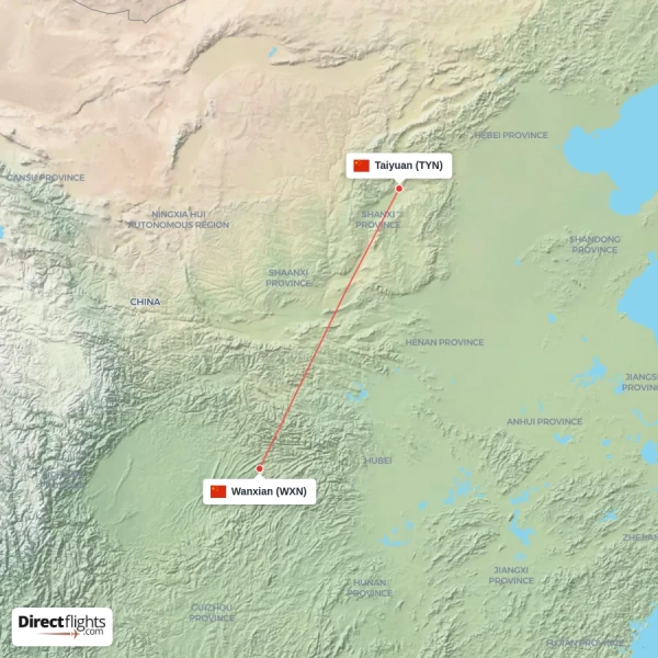 Wanxian - Taiyuan direct flight map