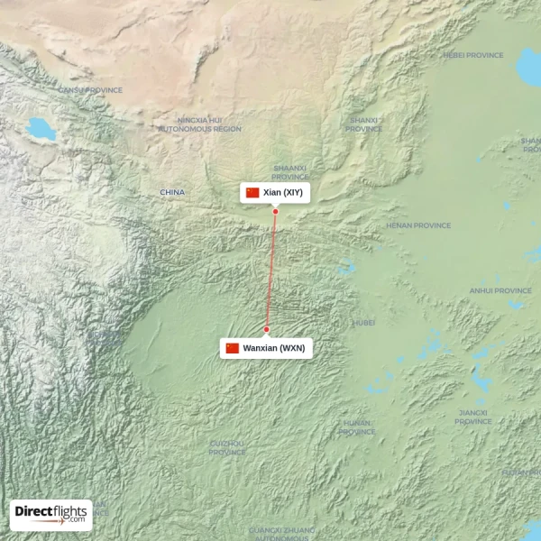 Wanxian - Xian direct flight map