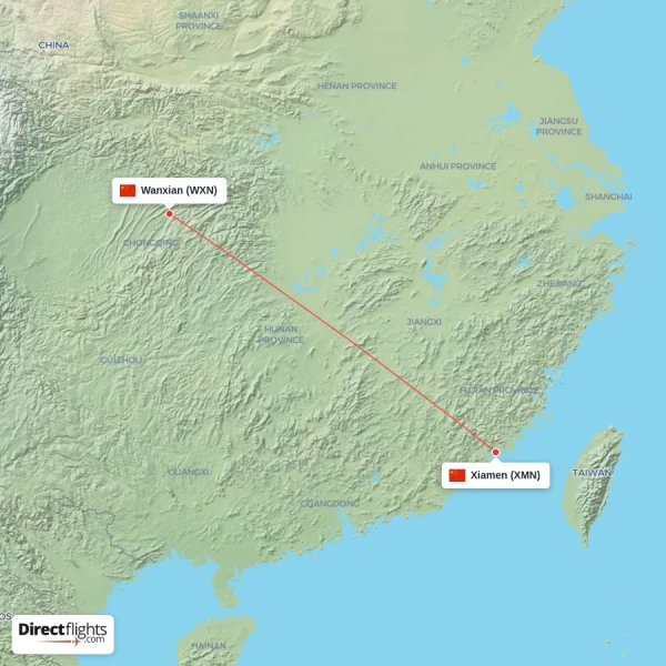 Wanxian - Xiamen direct flight map