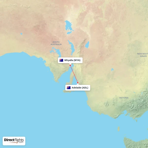 Whyalla - Adelaide direct flight map