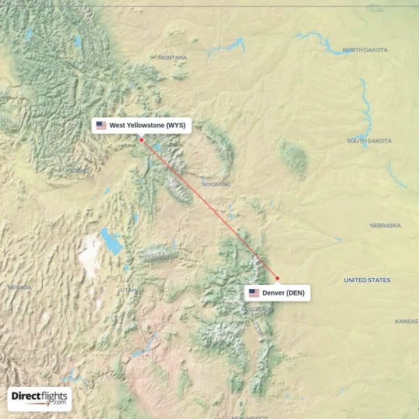 West Yellowstone - Denver direct flight map