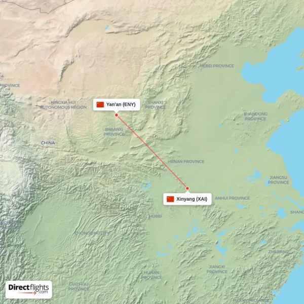 Xinyang - Yan'an direct flight map