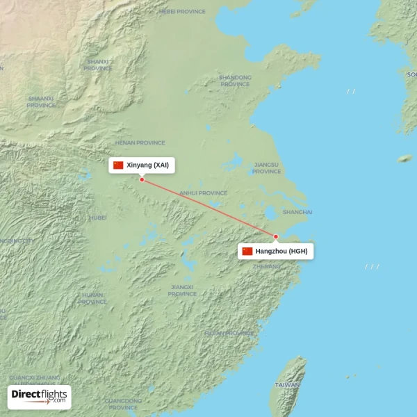 Xinyang - Hangzhou direct flight map