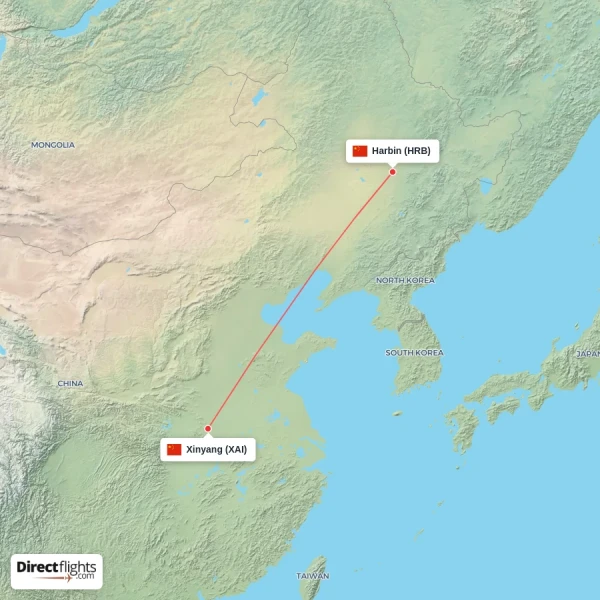 Xinyang - Harbin direct flight map