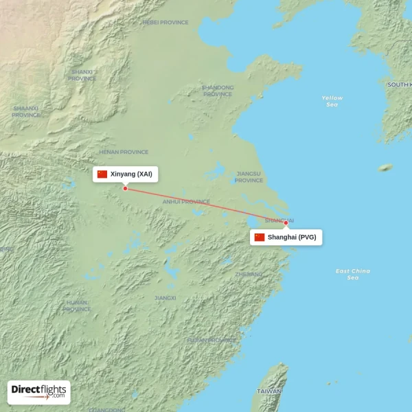 Xinyang - Shanghai direct flight map
