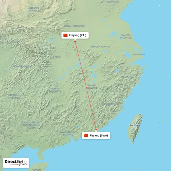 Xinyang - Jieyang direct flight map