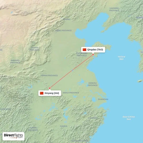 Xinyang - Qingdao direct flight map