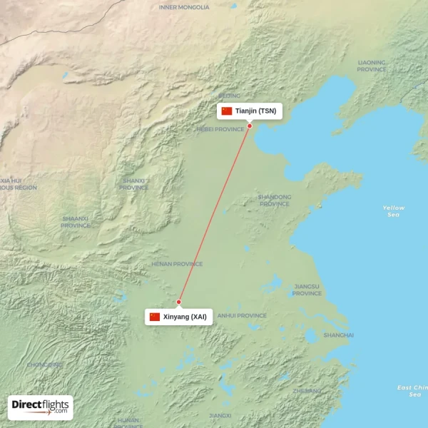 Xinyang - Tianjin direct flight map