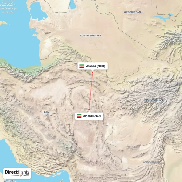 Birjand - Mashad direct flight map