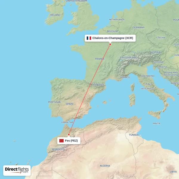 Chalons-en-Champagne - Fes direct flight map