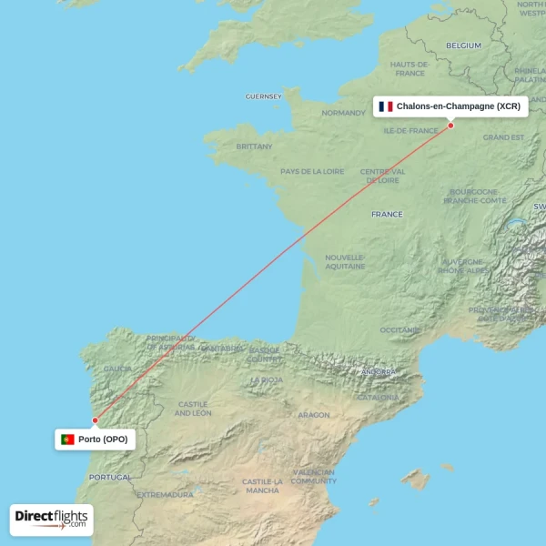 Chalons-en-Champagne - Porto direct flight map