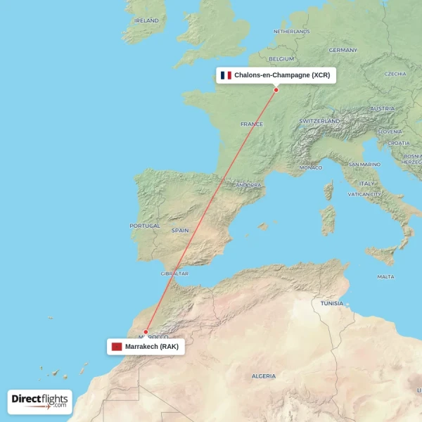 Chalons-en-Champagne - Marrakech direct flight map