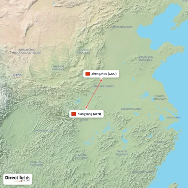Xiangyang - Zhengzhou direct flight map