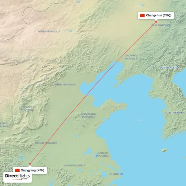 Xiangyang - Changchun direct flight map
