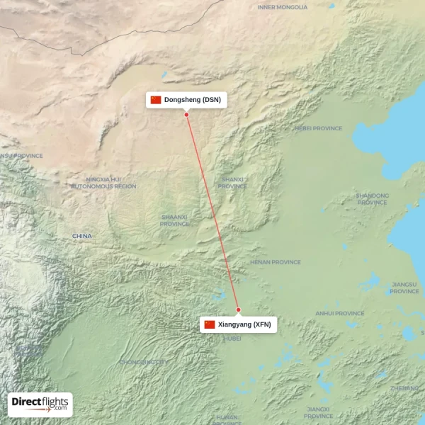 Xiangyang - Dongsheng direct flight map