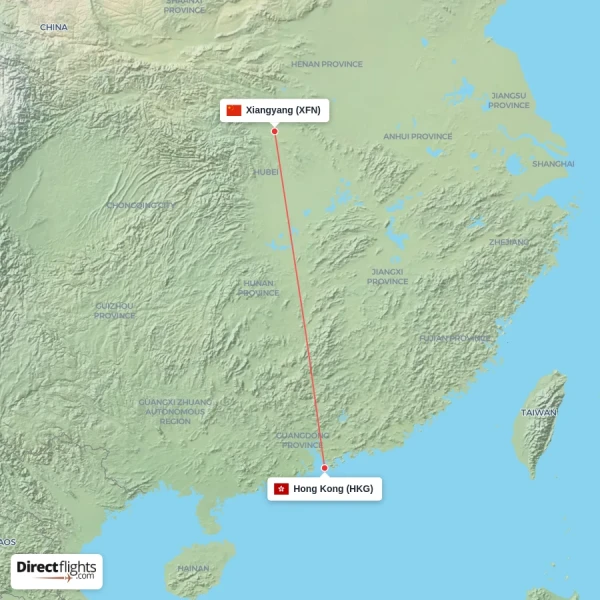 Xiangyang - Hong Kong direct flight map