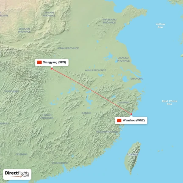 Xiangyang - Wenzhou direct flight map