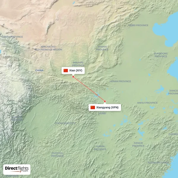 Xiangyang - Xian direct flight map
