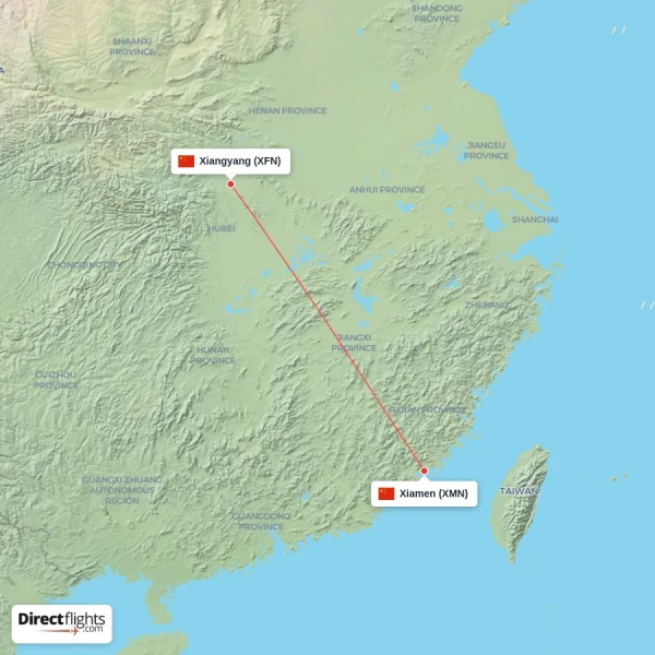 Xiangyang - Xiamen direct flight map