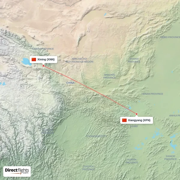 Xiangyang - Xining direct flight map
