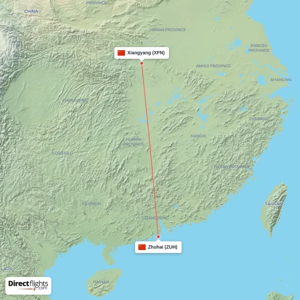 Xiangyang - Zhuhai direct flight map